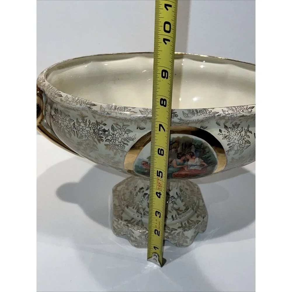 Vintage Empire Ware England Gold Pedestal Dish Centerpiece‎ with Victorian Scene